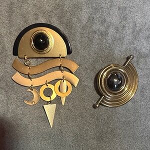 Funky Oversized Gold-Tone Geometric Brooch with Black Cabochons